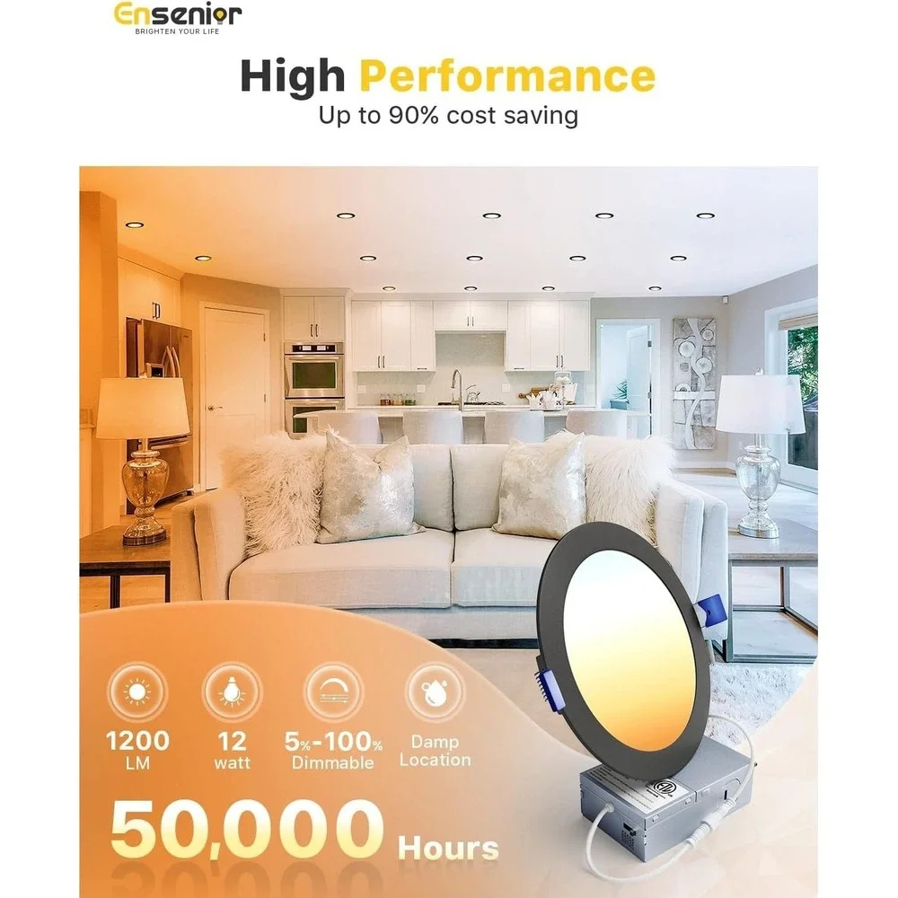 Ensenior 6 In LED Recessed Light‎ Canless Wafer 1200LM 5CCT Dimmable Black 12W